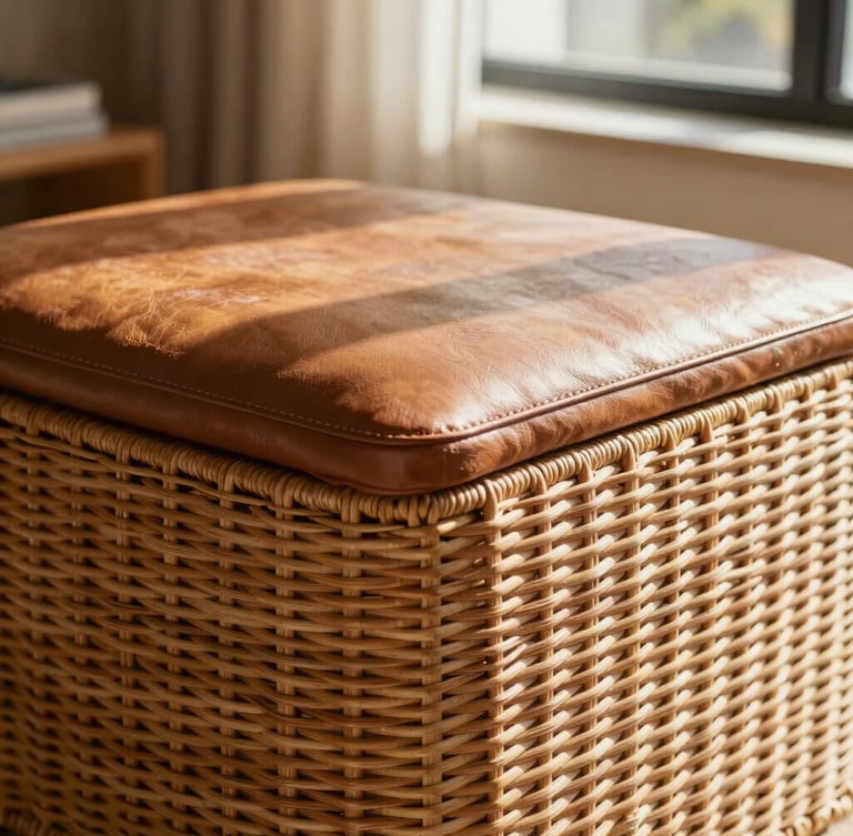 Close-up of a premium woven rattan storage ottoman with a full-grain leather top, set in a warm sunlit living room with high-contrast shadows.