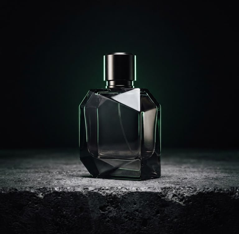 Primer plano de botella de perfume BAJA DROP sobre superficie de concreto oscuro, luz estroboscópica nítida, sombras profundas, retroiluminación verde neón sutil, estética futurista oscura, 35mm.