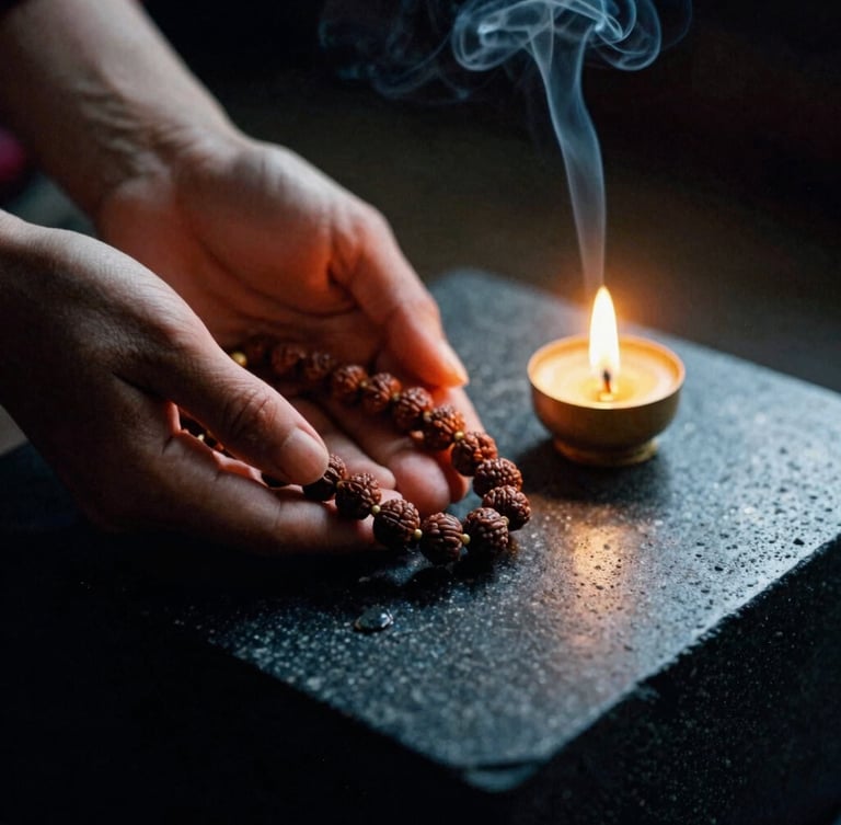 Macro close-up of hands gently holding ancient rudraksha beads over a cool, dark basalt stone altar, a single oil lamp casting a warm golden glow from the side, rising incense smoke in a shaft of light, 35mm film.