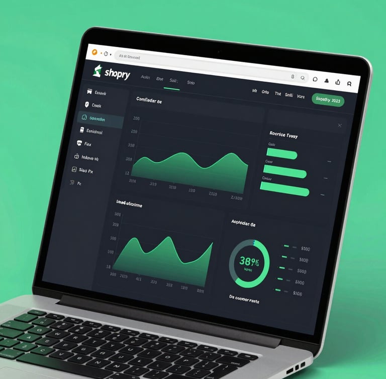 Close-up of a sleek modern laptop screen displaying a dark mode Shopify e-commerce dashboard with green analytics charts, cool studio lighting with emerald green accents, sharp focus, 35mm
