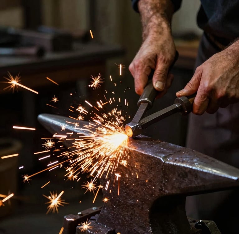 Close-up of a blacksmith's hands grinding a steel joint in a dark workshop, bright amber sparks flying across the frame, dramatic high-contrast lighting, 35mm