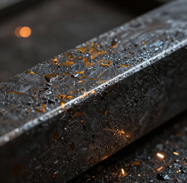Macro shot of hand-patinated raw steel texture, deep charcoal tones with subtle amber oxidation highlights, dramatic high-contrast workshop lighting, sharp focus