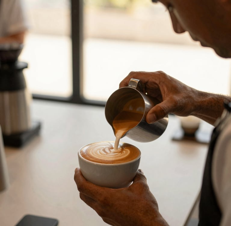 Close-up of a professional barista pouring intricate latte art into a ceramic cup at a modern, minimalist event, soft side-lighting, warm tones