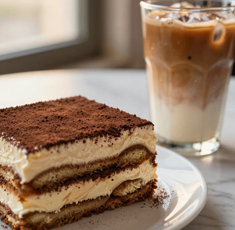 Close-up of a layered tiramisu showing rich cream and cocoa dusting, sitting next to a condensation-beaded iced latte on a light marble table, soft golden-hour window light, shallow depth of field, 35mm