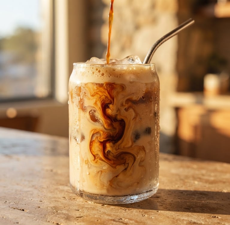Macro shot of a condensation-beaded iced latte on a warm stone counter, rich espresso swirling into creamy milk, soft golden-hour side lighting