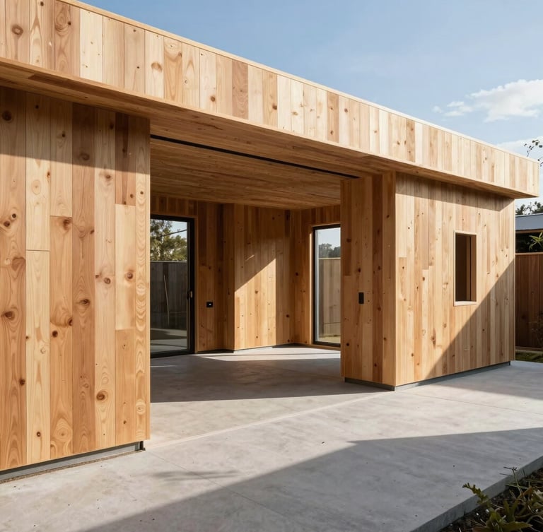 Interior view of a modern sunlit home under construction, grain-matched wood panels, clean concrete floors, architectural angles, sharp daylight, 35mm