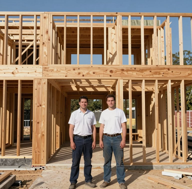 Architectural photography, sharp natural daylight, high-contrast deep shadows. Editorial portrait of two brothers, professional contractors in clean work shirts, standing in front of a sunlit timber-framed house structure under construction, 35mm.