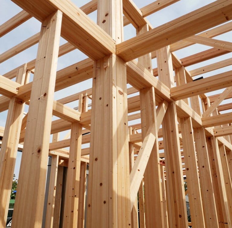 Low-angle architectural shot of clean timber framing lines cutting through natural daylight, sharp shadows, structural precision