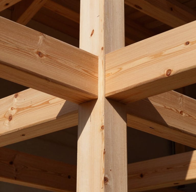 Architectural photography, sharp natural daylight, high-contrast deep shadows. Close-up of natural timber framing joints with sunlight casting sharp geometric lines, showing grain-matched wood and structural integrity, 35mm.