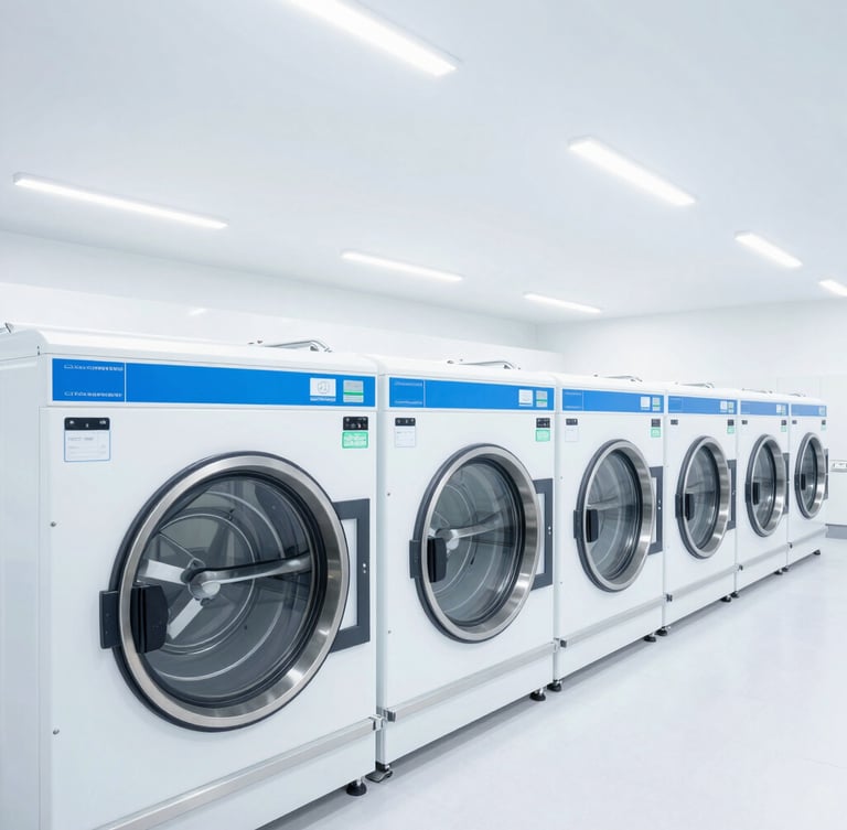 Bright high-key industrial photography of a modern commercial laundry facility, clean white light, sterile blue and white tones, wide environmental shot of large-scale washing tunnels, sharp focus, 35mm