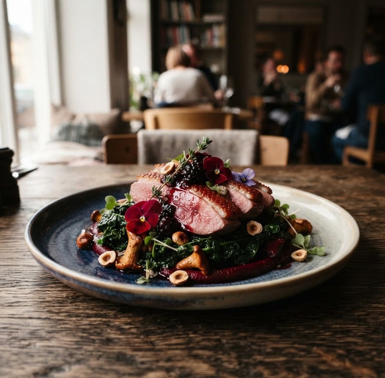 Close-up portrait shot of a perfectly plated, vibrantly colored dish on a rustic wooden table, soft side-lit daylight creating moody shadows, Scandinavian restaurant interior in soft focus background.