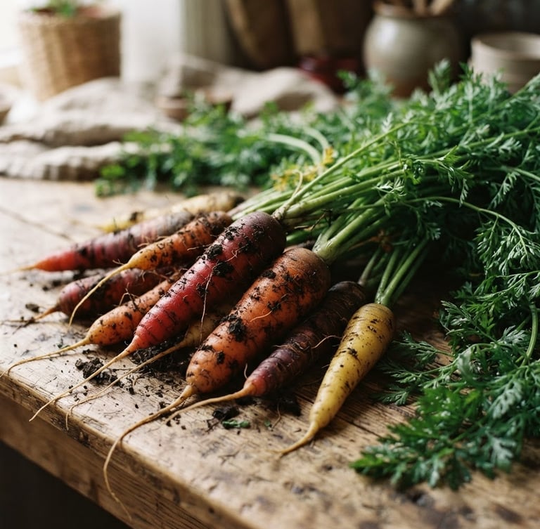 Close-up of freshly harvested heirloom carrots with soil, soft diffused natural light, rustic wooden table, cozy Scandinavian style, deep crimson and forest green tones, matte finish, 35mm lens