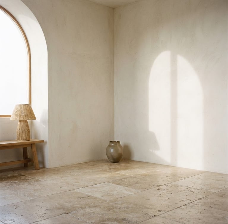 Straight-on architectural composition of a sun-drenched room corner, raw travertine floor, soft shadows on plaster walls, minimalist interior design, neutral earth tones, medium format film