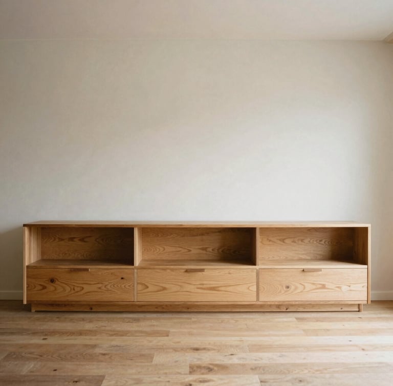 Wide environmental architectural shot of an empty living space with custom oak furniture, clean sightlines, diffused natural daylight, neutral earth tones, medium format film.