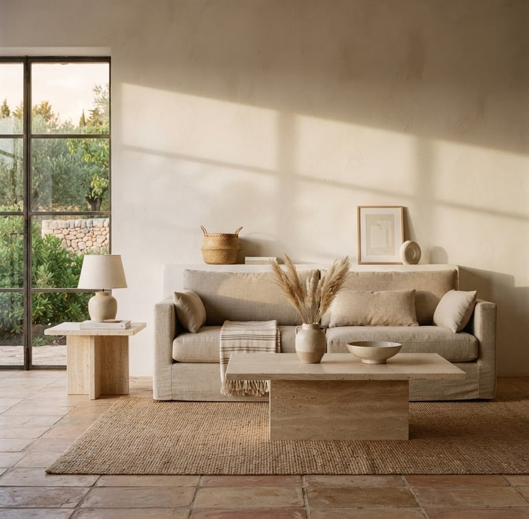 Straight-on architectural photograph of a sun-drenched living room with raw travertine tables, minimalist neutral-toned linen sofa, soft afternoon shadows on plaster walls, medium format film.