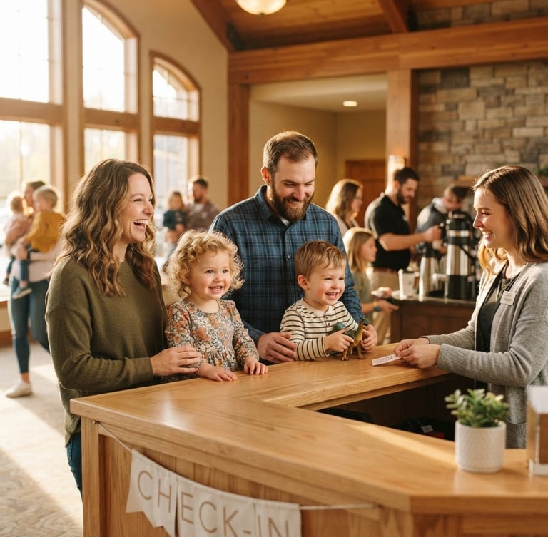 Bright sunlit church lobby, young parents checking in their smiling toddlers, soft golden-hour window light, warm natural wood textures, 35mm photography