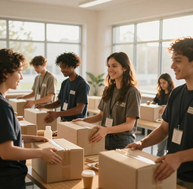 Volunteers packing food boxes in a bright, modern community center, smiling young adults, warm natural lighting