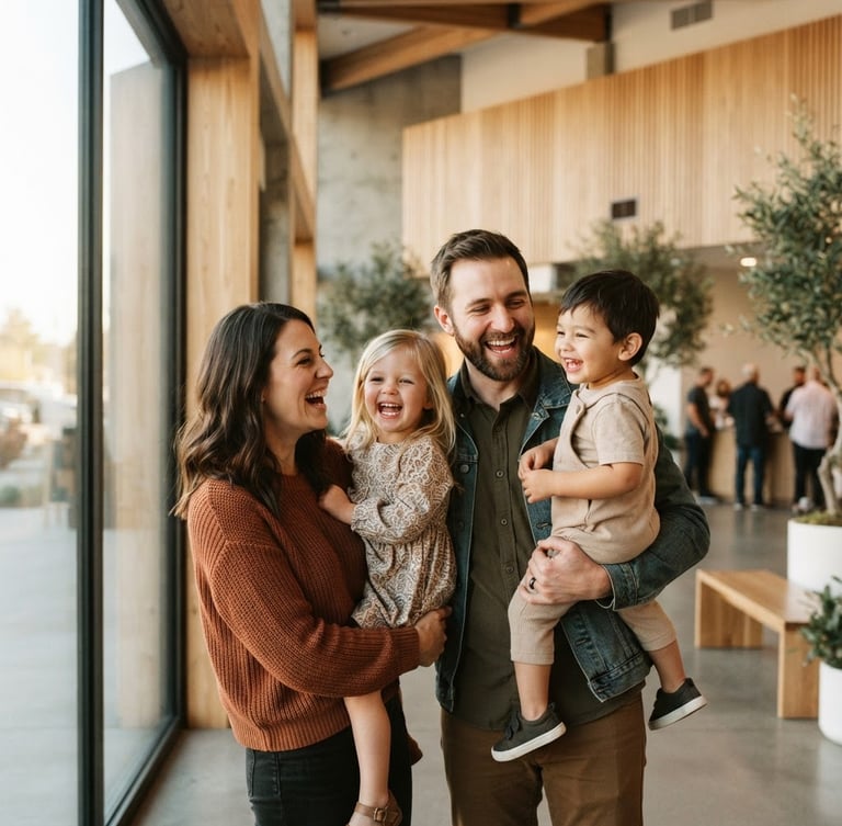 Medium candid shot of a young family laughing together in a sunlit modern church lobby with light wood accents, soft golden-hour window light, warm editorial photography, 35mm