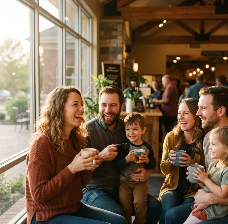 A warm sunlit lobby of a modern community church, young families laughing and holding coffee mugs, soft golden-hour window light, shallow depth of field, 35mm.