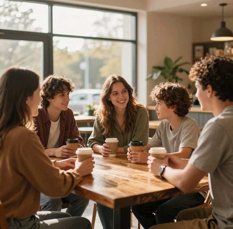 Candid medium shot of young families and couples talking around a rustic wooden table in a brightly lit lobby, holding coffee cups, warm natural light, shallow depth of field, 35mm