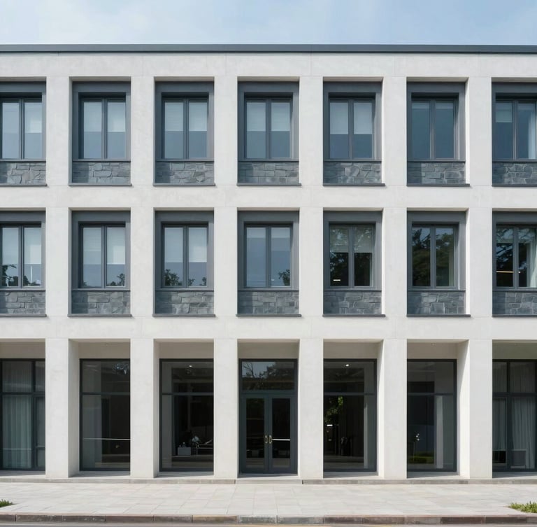 Symmetric architectural facade of a modern civic building, clean lines, cool daylight, slate gray and white tones, 35mm lens