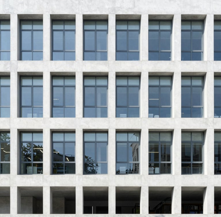 Minimalist concrete and glass university library facade, bright natural daylight, crisp white and slate gray tones, sharp focus, 35mm lens