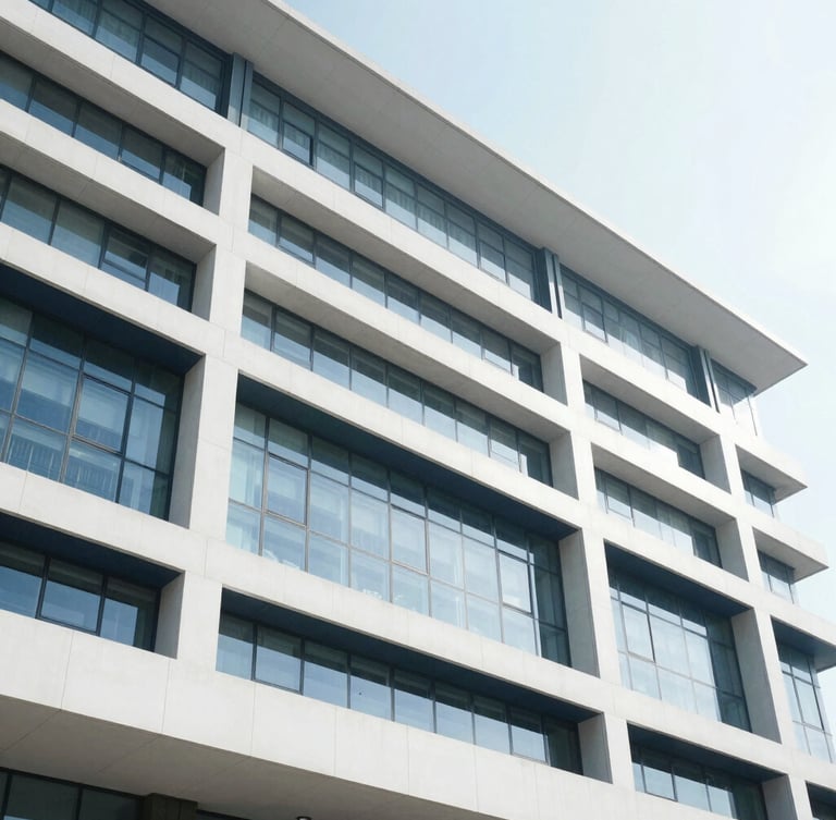 Low-angle architectural photography of a modern international institution facade, bright natural daylight, slate blue and crisp white tones, sharp focus, 35mm lens