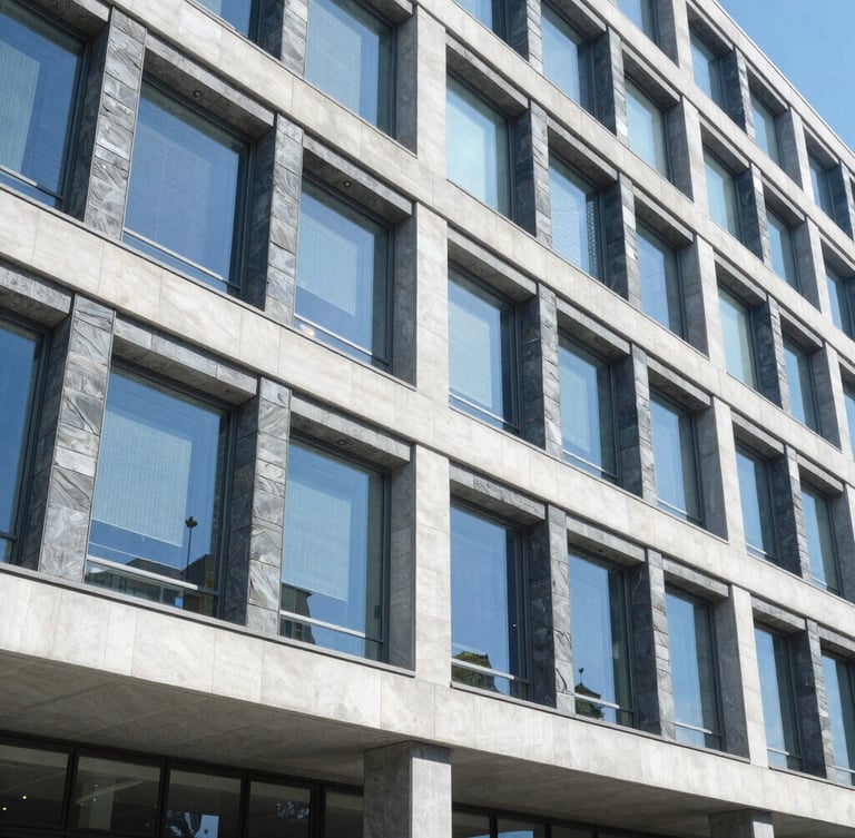 Cool architectural detail of a modern international NGO headquarters in Geneva, bright natural daylight, slate blue tones, sharp focus, 35mm lens