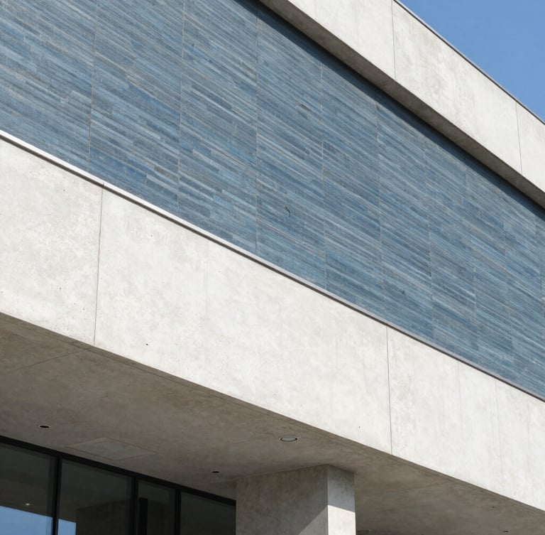 Cool architectural detail of an international institution with clean concrete lines, bright natural daylight, slate blue and crisp white tones, sharp focus, 35mm lens