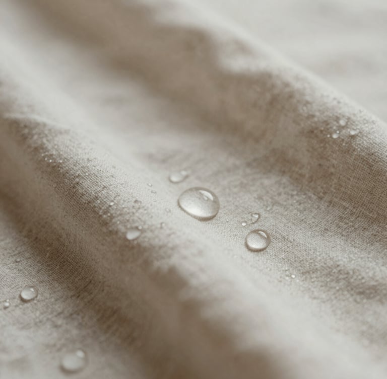 Macro shot of warm water droplets on clean linen, soft diffused natural light, misty atmosphere, warm neutral tones, 35mm