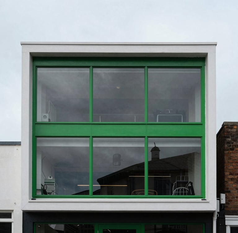 Sharp high-contrast architectural crop of our Brighton studio, cool desaturated tones with sharp green highlights, overcast coastal daylight, 35mm portrait framing