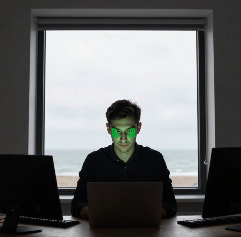 High-contrast portrait of a focused quantitative analyst working in our Brighton studio, cool overcast daylight from a window, sharp green screen glow on their face, desaturated tones, 35mm photography