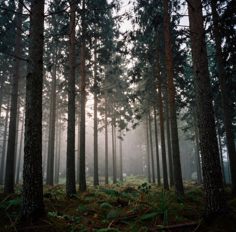 Moody vertical portrait of a dense pine forest in the Harz mountains, thick fog rolling between dark trunks, soft diffused light, rich textures