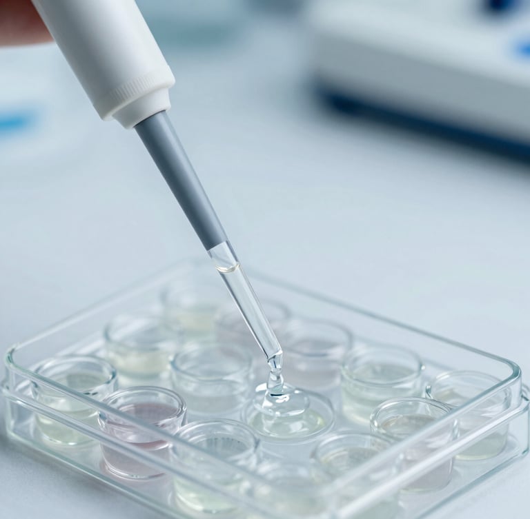 Macro close-up of a sterile laboratory pipette dispensing a clear liquid into a microplate, bright clinical daylight, desaturated medical blue tones, sharp focus, 35mm lens.