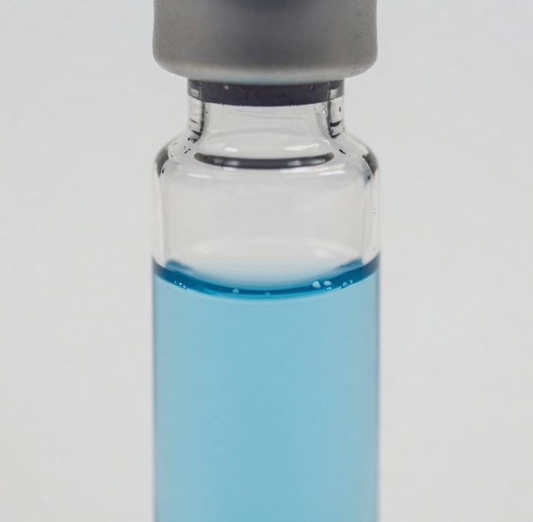 Macro close-up of clean laboratory glass vial with desaturated medical blue fluid, bright neutral daylight, sharp focus, 35mm lens