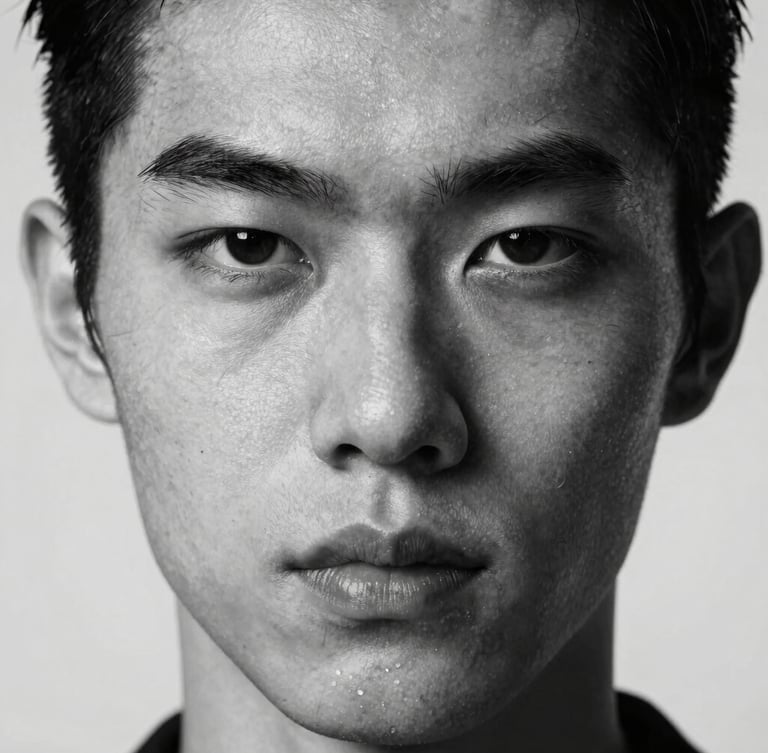 Extreme close-up portrait of a model with sharp, unconventional facial structure, stark studio strobe lighting, high-contrast black and white, raw skin texture visible, neutral expression