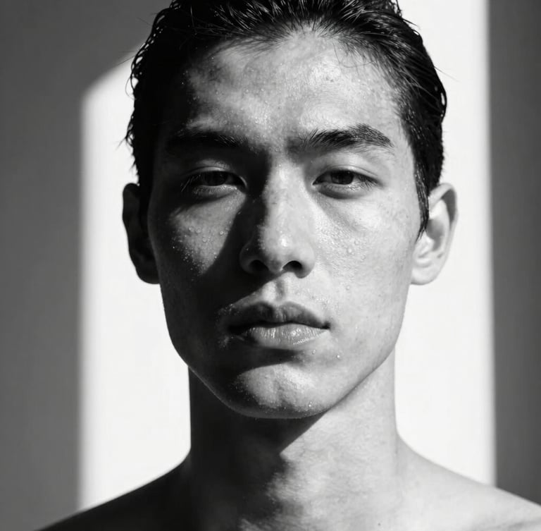 High-contrast black and white portrait of a model with sharp bone structure, harsh direct sunlight casting graphic shadows, architectural crop