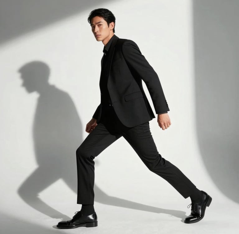 High-contrast editorial portrait of a model in motion, direct sunlight casting graphic shadows, stark white background