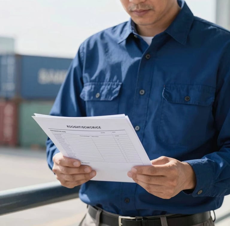 Portrait shot of a logistics expert reviewing shipping documents and a tablet showing tracking data, soft morning daylight, deep blue and crisp white tones, sharp focus, 35mm