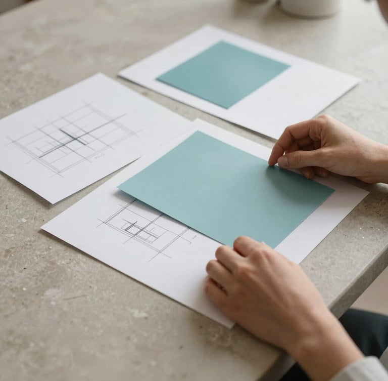 A tall portrait shot of a designer's hands arranging paper swatches and sketching layout concepts on a warm stone gray table, soft natural daylight, elegant editorial feel.