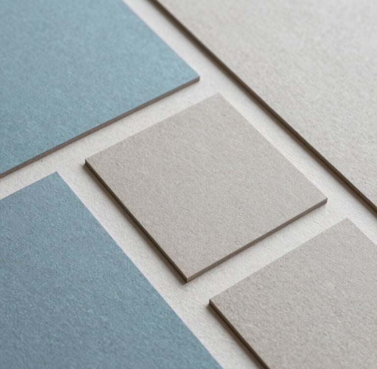 Overhead flat lay of tactile design materials, textured heavy paper stocks, muted cerulean and warm stone gray swatches under soft diffused daylight, minimalist 35mm composition