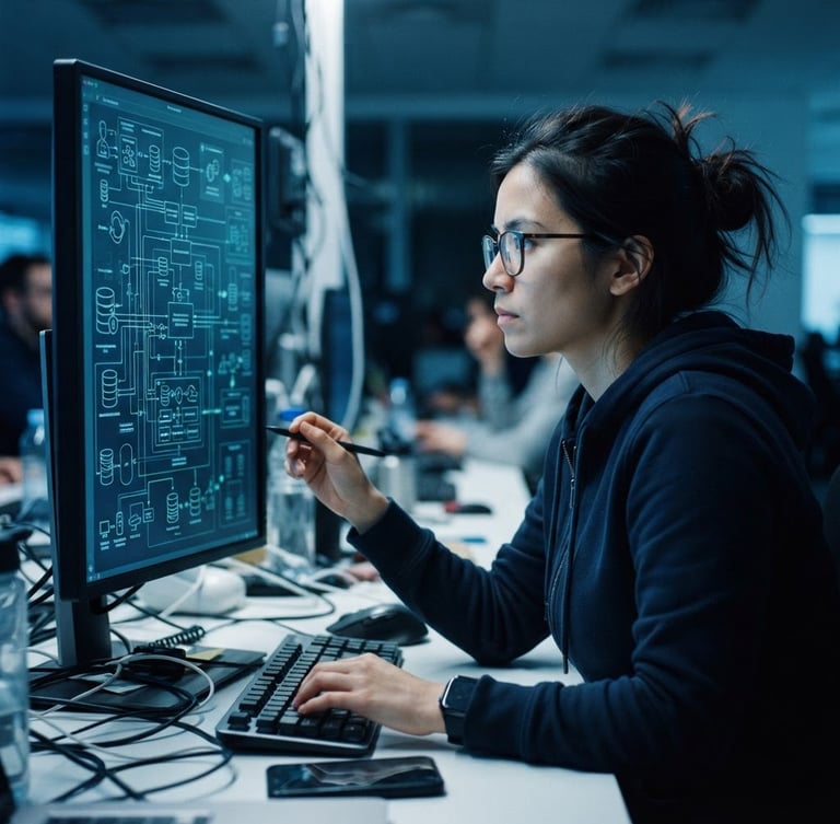 Close-up of a software engineer analyzing complex system architecture diagrams on a vertical monitor, sharp focus, cool blue tones, 35mm
