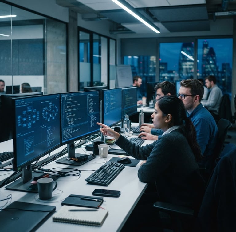 Modern clean London office workspace, soft blue ambient screen glow, developers analyzing complex data structures on monitors, sharp focus, 35mm