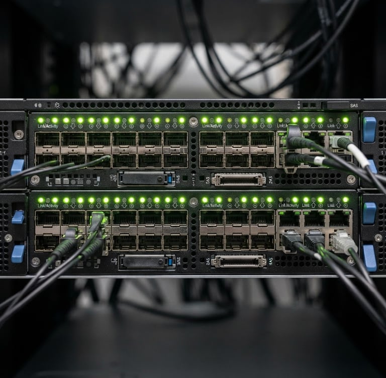 crisp technical product photography, straight-on macro shot of a server rack interface with blinking green lights, bright even studio light, clean minimalist composition, sharp focus, 50mm lens