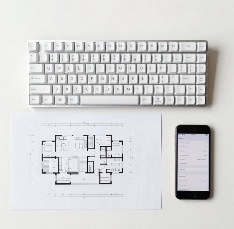 top-down flat lay of a clean minimalist workspace with a mechanical keyboard, a blueprint diagram, and a smartphone showing a clean data chart, crisp daylight, sharp focus