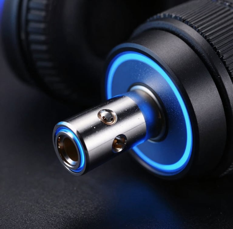 Macro studio shot of high-end headphone audio ports, metallic reflections, electric blue rim lighting, dark moody background, 50mm lens