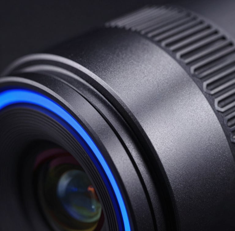 Macro close-up of premium dark aluminum alloy chassis, sharp metallic edges catching electric blue studio rim light, clean industrial design details