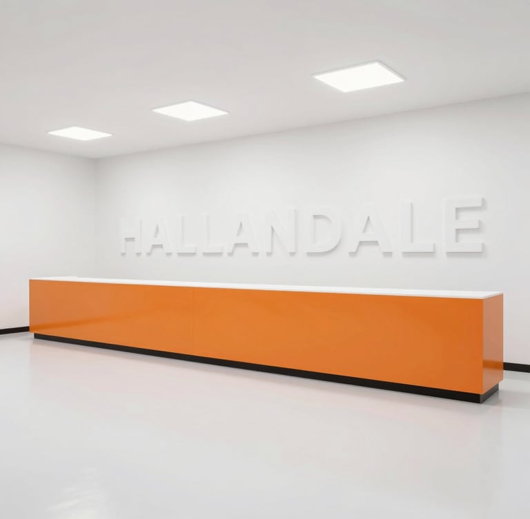 Clean, minimalist Hallandale showroom interior, bright indirect light, empty and ready for appointment, wide angle, sharp details.