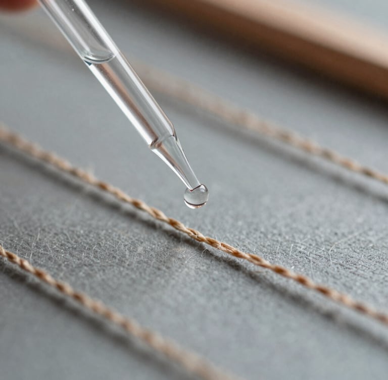 Detailed macro photography of raw linen threads being tested in a laboratory, a single glass pipette dispensing a micro-droplet of clear solvent, muted slate and copper tones, shallow depth of field, 35mm.
