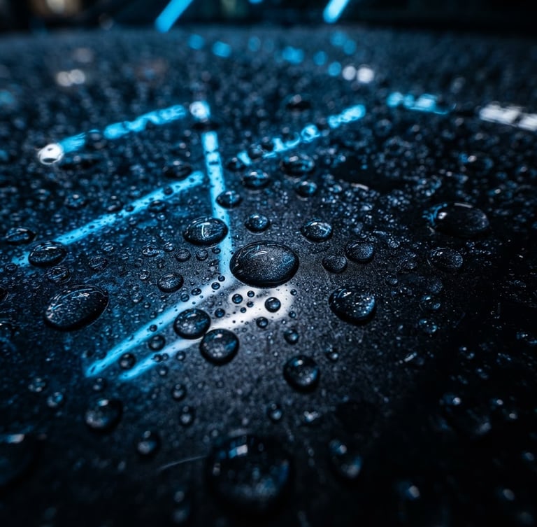 Extreme close-up of water beading on a freshly waxed dark metallic car hood, neon blue lighting reflections, dark high-contrast automotive photography, sharp macro detail